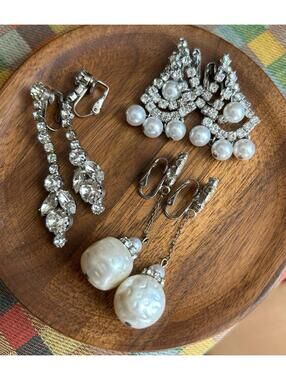 Vintage Clip On Earrings Lot Rhinestone Pearl Bridal